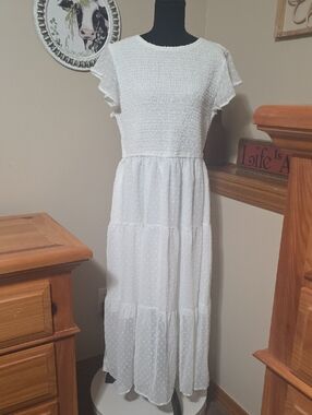 Women's White Swiss Dot Maxi Dress with Smocked Bodice